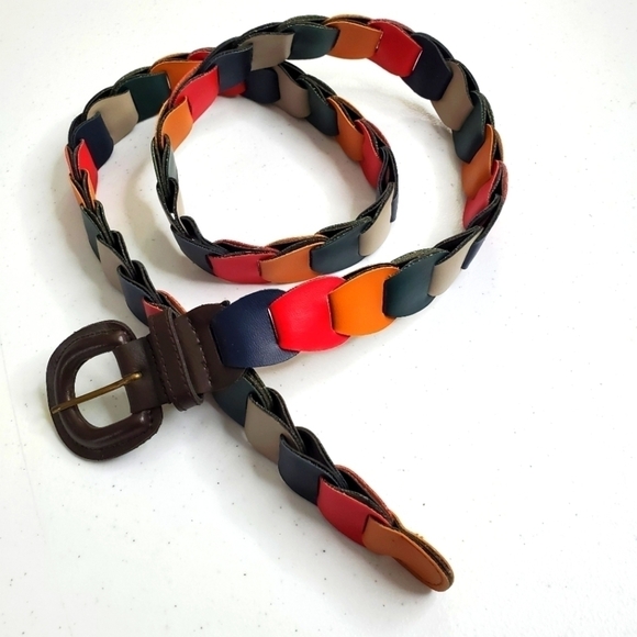 Multi-colored Interlocking Pieced Faux Leather Belt Boho Retro - Picture 2 of 6